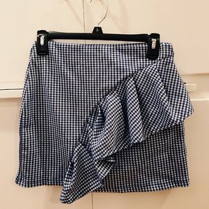 Blue and White Topshop Skirt with Diagonal Ruffle